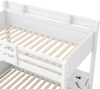 Wood Bunk Bed Twin Over Full Size with Built-in Storage Shelves and Charging Station, Versatile Bunk Bed Frame with Ladder and Guardrail for Kids Teens Adult, Maximize Space (White-5.6)