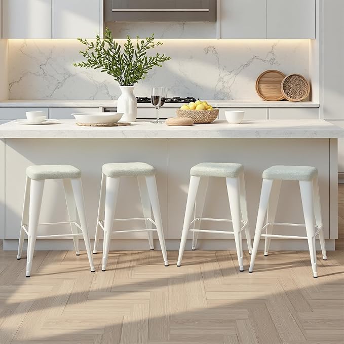 Bar Stools Set of 4, 30" Bar Height Bar Stools Backless, Upholstered Bar Stools with Metal Legs for Kitchen Island, Study Room, Cafe, White