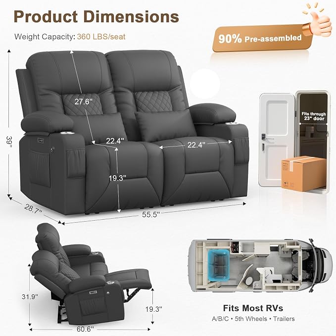 Power RV Loveseat Recliner Sofa, Reclining Loveseat Home Theater Seating with USB Ports, Cup Holders, Wall Hugger Recliners for Movie Room, Recline Movie Seats Gaming Sofa, Gray