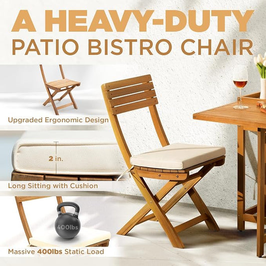 IDZO Natural 3-Piece Bistro Set: Foldable 400lbs Chairs, 220lbs Shelf Table, FSC Acacia Wood, Washable Cushions, Ergonomic Patio Bistro Sets Design