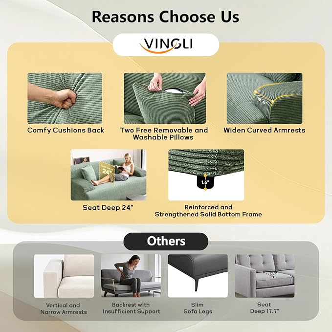 VINGLI 72" W Boneless Loveseat Sofa, Cloud Corduroy Couch in a Box, Compressed Deep Seat Sofa with 10.6" Wide Curved Armrests, Easy Assembly Required for Living Room, Apartments & Office, Green