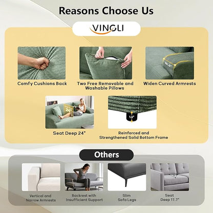 VINGLI 72" W Boneless Loveseat Sofa, Cloud Corduroy Couch in a Box, Compressed Deep Seat Sofa with 10.6" Wide Curved Armrests, Easy Assembly Required for Living Room, Apartments & Office, Green