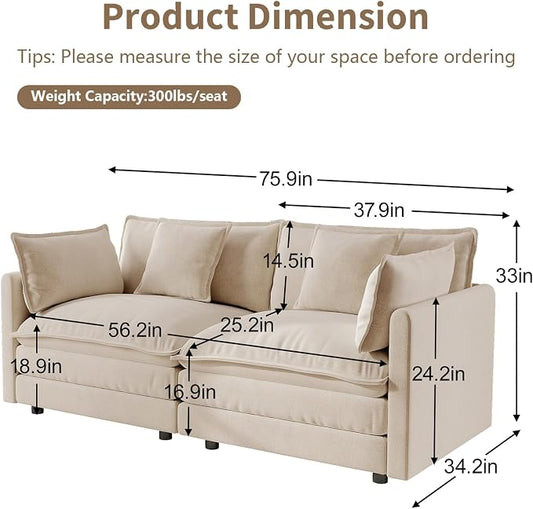 GNIXUU 76" Modular Sectional Sofa, Camel Loveseat Sofa Cloud 2 Seater Couch, Comfy Chenille Love Seats 25" Deep Seat with 2 Pillows for Small Spaces Apartment Studio Office Bedroom Living Room