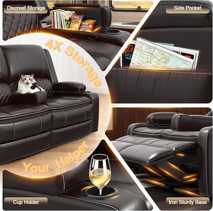 RV Loveseat Recliner Wall Hugger, Manual RV Reclining Loveseat with Removable Armrest, 3X Adjustable Theater Wall Hugger Loveseat Recliners with USB Ports, Cup Holders, Multi-Storage (PU,Brown)