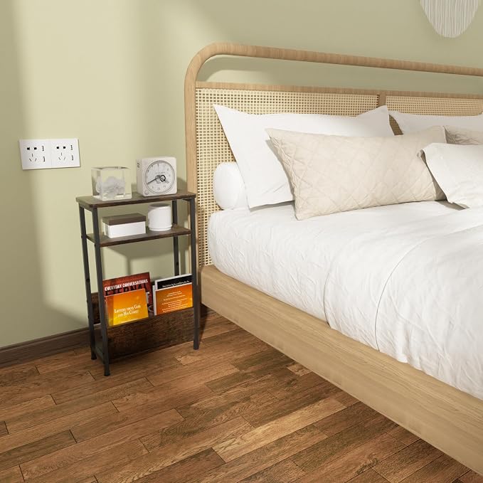 THUMEYE 7.1" Narrow Side Table for Small Spaces, 3 Tier Small End Table with Magazine Holder, Slim/Skinny Nightstand/Bedside Table for Living Room, Bedroom, 15.4" L x 24.2" H
