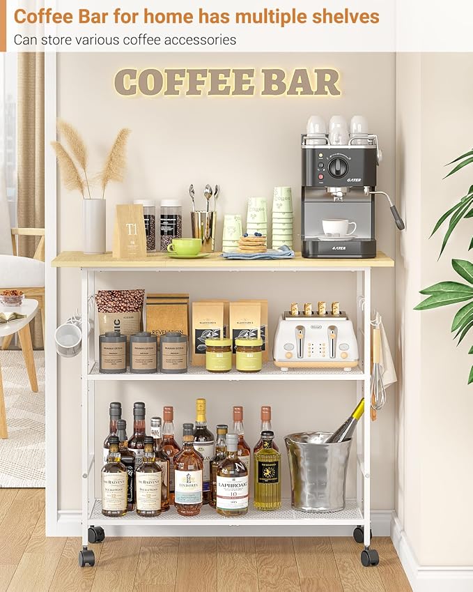 Kitchen Island with 3 Shelves, Rolling Kitchen Cart with 6 Hooks and Protective Shelf, Microwave Stand on Lockable Wheels, Bakers Rack Coffee Bar for Dining, Living Room, Outdoor, Metal Frame, White