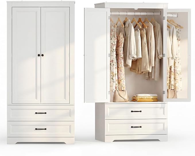 Gizoon Wooden Armoire Wardrobe with Full-Length Mirror & 2 Drawers, 2 Doors, Hanging Rod, Anti-tip, Adjustable Mirror Position (Left/Right), freestanding Wardrobe for Bedroom, White