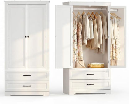 Gizoon Wooden Armoire Wardrobe with Full-Length Mirror & 2 Drawers, 2 Doors, Hanging Rod, Anti-tip, Adjustable Mirror Position (Left/Right), freestanding Wardrobe for Bedroom, White
