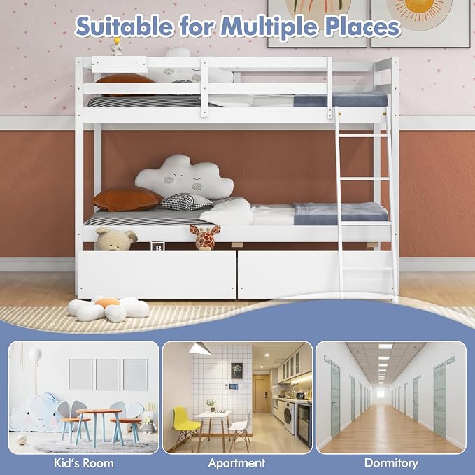 KOTEK Bunk Bed Twin Over Twin with 2 Storage Drawers, Solid Wood Bunk Bed Frame with Storage Cube, Guardrails, Ladder, No Box Spring Needed, Twin Bunk Beds for Kids Teens (White)