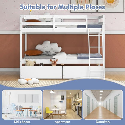 KOTEK Bunk Bed Twin Over Twin with 2 Storage Drawers, Solid Wood Bunk Bed Frame with Storage Cube, Guardrails, Ladder, No Box Spring Needed, Twin Bunk Beds for Kids Teens (White)