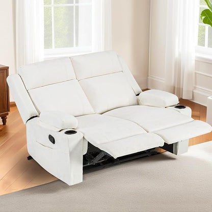 55" RV Loveseat Recliner – Space-Saving Double Reclining RV Sofa, Compact Theater Seating with Cup Holders & Storage Pocket, Beige Chenille Couch for Camper, Motorhome & Home Theater