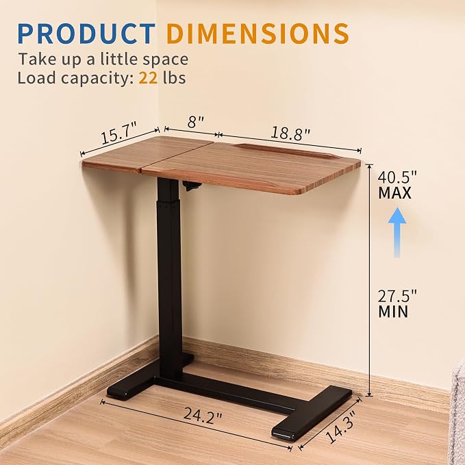 Adjustable Overbed Bedside Table with Hidden Wheels, Pneumatic Tilt Board Rolling Laptop Standing Desk Cart, Mobile Over Bed Sofa Chair Side End Tables, Walnut (Walnut)