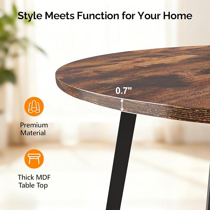 VINGLI Round Dining Table for 2-4, 35in Modern Dining Room Table with Metal Base, Brown Wooden Kitchen Table, Space-Saving, Small Space Circle Dinette for Home, Kitchen, Apartment