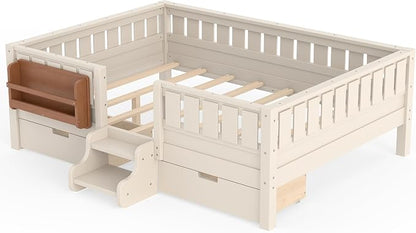 Bellemave Full Floor Bed with Stairs, Rails and Slats, Full Size Montessori Floor Bed with Bookshelf and 2 Storage Drawers, Easy Assemble Montessori Beds Frame for Girls, Boys, Light Beige