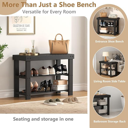 NEWBULIG Shoe Rack Bench, 3-Tier Bamboo Shoe Organizer, Wooden Entryway Storage Bench, 286 lb Load Capacity, 11.2x27.6x17.9 Inches, for Entryway Bathroom Bedroom Balcony, Black