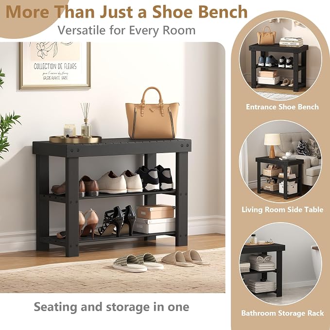 Sweetcrispy 3-Tier Shoe Rack Bench for Entryway, 27 Inches, Black | Bamboo Shoe Storage Bench, Shoes Rack for Entrance, Bedroom, Living Room, Balcony, 6 Pairs, 286lb Capacity