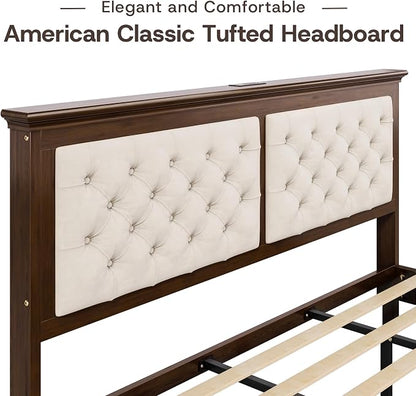 Lifezone Solid Wood King Size Bed Frame 46” Tall Diamond-Tufted Upholstered Headboard, American Classic Flat-Top Bed, Stable Structure, Wood Slats Support, Noise-Free, No Box Spring Needed, Walnut