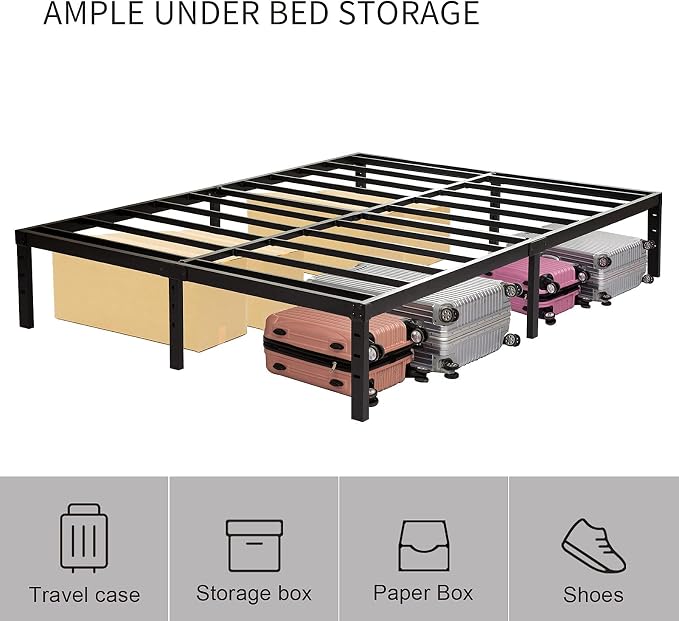 Wulanos King Size Bed Frame 18 inch Tall, 3500lbs Heavy Duty Metal Platform with Steel Slats Support, No Box Spring Needed, 18-inch Bedframe with Ample Storage, Sturdy and Noise-Free, Black
