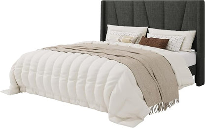 SHA CERLIN Full Size Bed Frame with Geometric Wingback Headboard, Upholstered Platform Bed with Wooden Slats Support, 8" Under-Bed Space, No Box Spring Needed, Easy Assembly, Grey