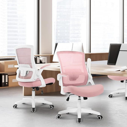 NEO Chair Office Desk Gaming Chair Computer High Back Mesh Seat with Rolling Wheels Ergonomic Adjustable Comfy Flip-up Armrests Lumbar Support Height for Home (Pink White Frame)