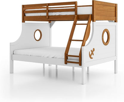 Furniture of America Kirsen Modern Solid Wood Twin Over Full Bunk Bed, No Box Spring Required, Boat Theme, for Kids, Boys, Girls, Bedroom, Dorm, Oak/White, No Trundle