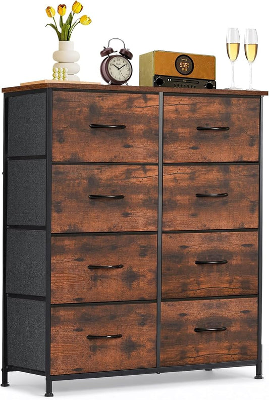 8-Drawer Dresser for Bedroom, Anti-Tip Tall Storage Organizer Chest of Drawers with Wooden Top and Metal Frame Fabric Bins for Closet, Living Room, Hallway, Entryway, Brown