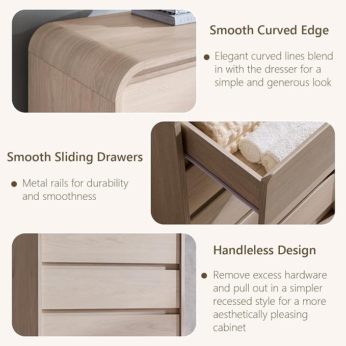Aitjunz Modern 5 Drawers Dresser for Bedroom, 45" Tall Dressers, Cream | Wood Dressers & Chests of Drawers w/Curved Profile Design, Mid Century Vertical Dresser with Handleless Design for Bedroom