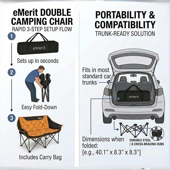 EMERIT Oversized Double Duo Camping Chair Folding Camping Loveseat 2 Person Camping Couch Heavy Duty Lawn Chairs for Outside with Padded Seats & Armrests-Support 650LBS | Heavy Duty 650LB