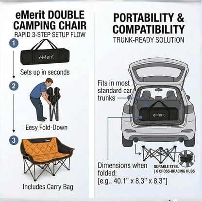 EMERIT Oversized Double Duo Camping Chair Folding Camping Loveseat 2 Person Camping Couch Heavy Duty Lawn Chairs for Outside with Padded Seats & Armrests-Support 650LBS | Heavy Duty 650LB