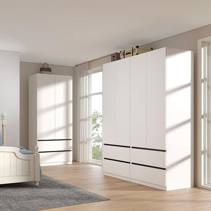 White Armoire Wardrobe Closet: 75" Large Wardrobe Closet with 4 Doors, Modern Bedroom Armoires with 4 Drawers, Tall Wood Closets for Hanging Clothes