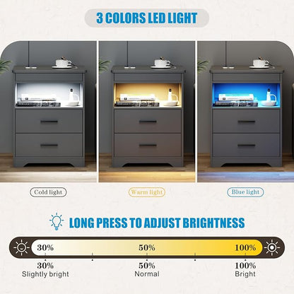 LED Night Stand with Gun Drawer, Bedside Table with Charger Station & Human Sensor Light, Modern End Table with Drawers for Bedroom Office, Grey