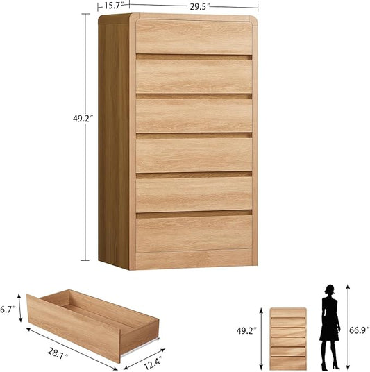 TEENFON Tall Dresser for Bedroom with 6 Drawers, 49.2" Tall Dressers & Chest of Drawers with Curved Profile Design, Wood Closet Storage Dressers Organizer for Bedroom, Living Room, Natural
