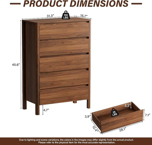 Walnut Dresser for Bedroom, 5 Drawer Dresser with Wood Legs, Tall Wood Dresser, Mid Century Modern Chest of Drawers, Large Storage Bedroom Furniture, Walnut