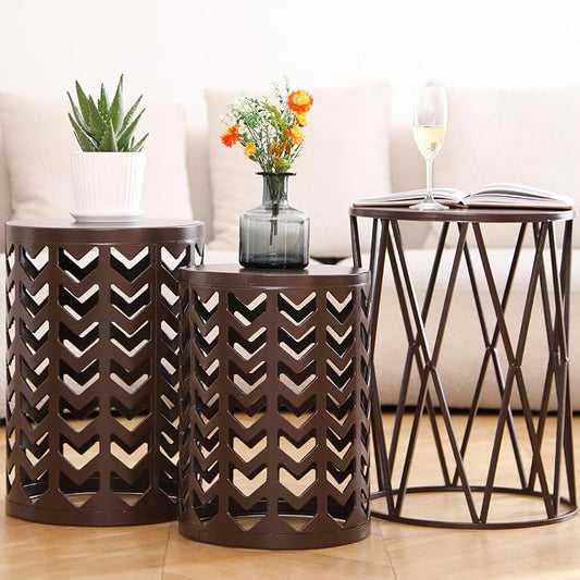 HFHOME Round Nesting Coffee Tables, Set of 3 End Tables for Living Room Balcony Office, Heavy Duty Metal Stacking Side Tables for Home Indoor - Brown
