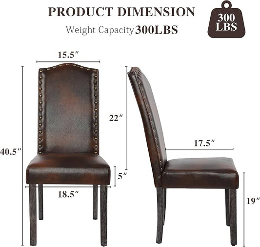 LSSBOUGHT PU Dining Chair Upholstered Parsons Kitchen Chair with Copper Nails and Solid Wood Legs for Dining Room,Restaurant (Vintage Brown, 4PCS)