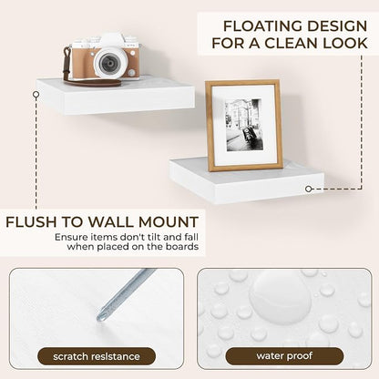 RICHFOCUS 8 Inch Floating Shelves for Wall Small Square Shelves Set for Bedroom|Kitchen|Bathroom|Laundry Room Rustic Wood Wall Mounted Shelf with Invisible Brackets for Books|Storage|Decor, White