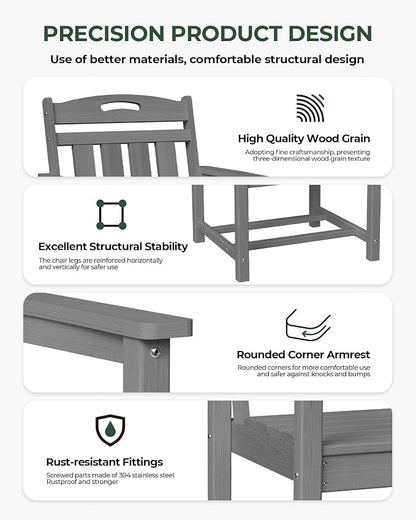 Patio Chairs Set of 2, HDPE Outdoor Dining Chairs with Wide Seat, All Weather Oversized Porch Chair for Garden, Backyard, Deck - Grey