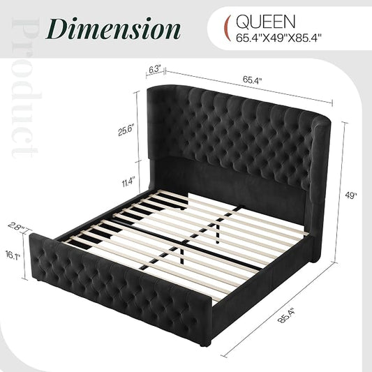 Jocisland Queen Size Upholstered Bed Frame with 6.3-Inch Curved Wingback Headboard, Tufted Footboard, Wood Slats, No Box Spring Needed, Black Velvet