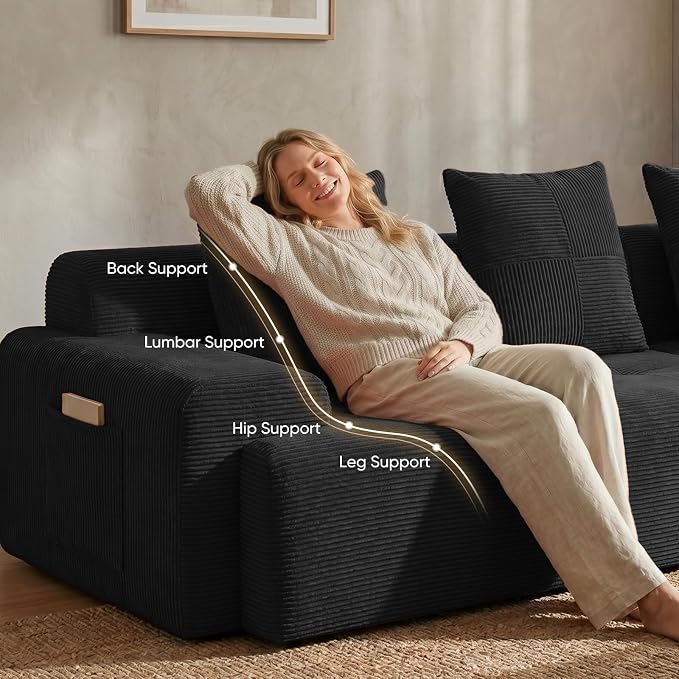 118" Sectional Boneless Oversize Modular Couches, Curved Cloud Sectional Sofa for Living Room, Corduroy L Shape Deep Seat Sofa with Ottoman & 3 Throw Pillows, No Assembly Required,Black