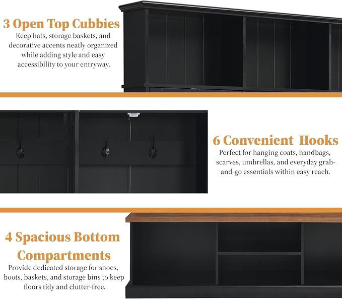 Hall Tree with Bench and Shoe Storage,Shoe and Coat Rack with Drawer and Hooks,Farmhouse Furniture for Entryway,Mudroom,Living Room,Black (Black, 62.2" W)
