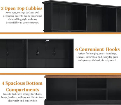 Hall Tree with Bench and Shoe Storage,Shoe and Coat Rack with Drawer and Hooks,Farmhouse Furniture for Entryway,Mudroom,Living Room,Black (Black, 62.2" W)