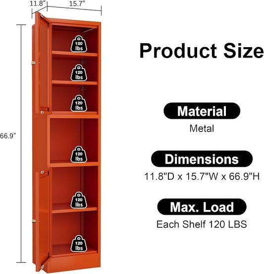 Metal Bathroom Storage Cabinet, Tall Narrow Cabinet with Glass Doors Ajustable Shelves Open Countertop, Slim Sideboard for Small Spaces, Living Room, Kicthen, Dining Room