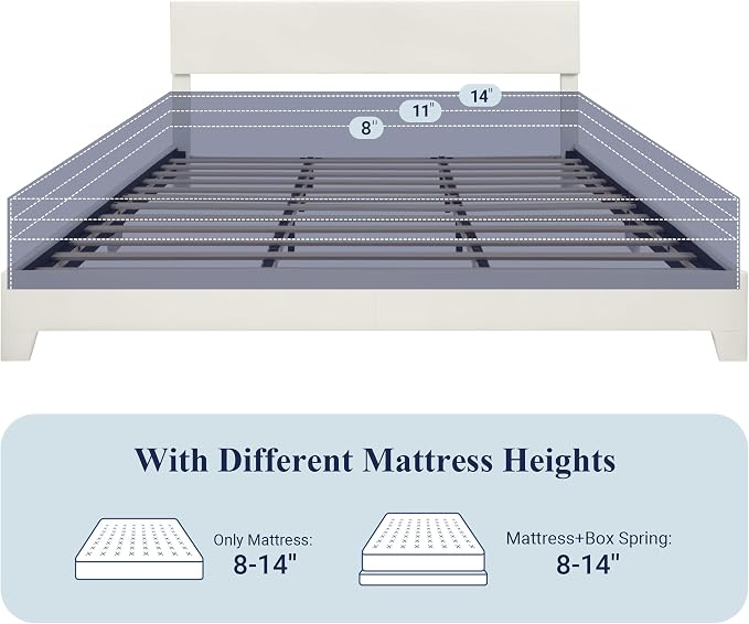 Allewie King Size Bed Frame with Adjustable Headboard, Faux Leather Platform Bed with Wood Slats, Heavy Duty Mattress Foundation, No Box Spring Needed, Noise-Free, Easy Assembly, White