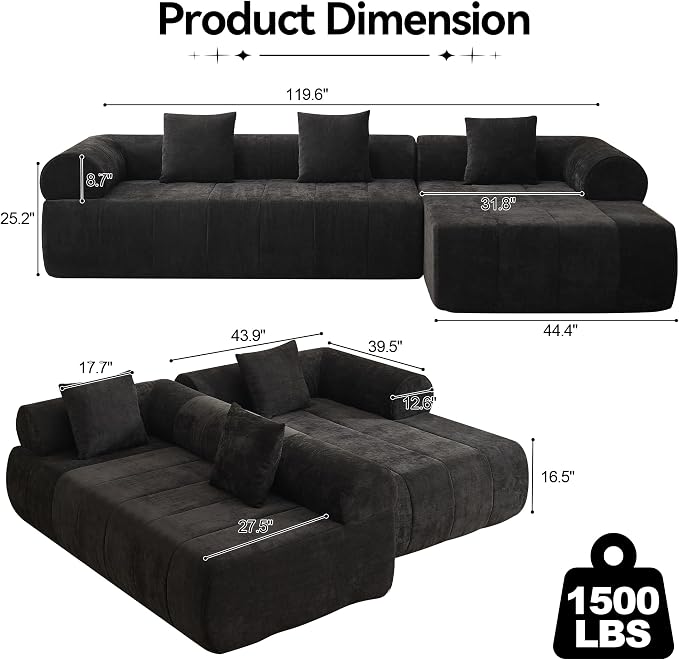 119'' Curved Boneless Sofa Couch, 3 Seat Cloud L Shaped Deep Seat Couches for Living Room, No Assembly Modular Sofa with Right Chaise Lounge, Black
