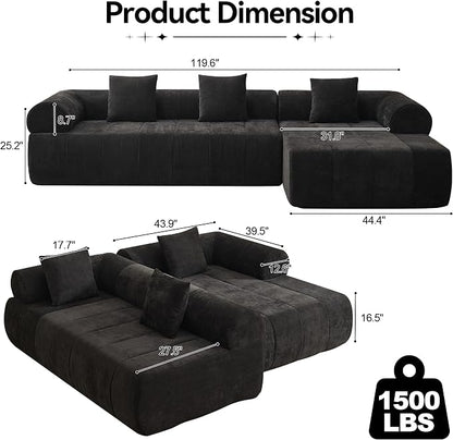 119'' Curved Boneless Sofa Couch, 3 Seat Cloud L Shaped Deep Seat Couches for Living Room, No Assembly Modular Sofa with Right Chaise Lounge, Black
