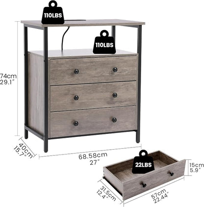Edbuosy 3 Wooden Drawers Night Stand, 27 Inch Wide Nightstand Set 2 with Charging Station and Adjustable Drawers, Small Dresser for Closet, Bedside Table for Living Room/Bedroom/Office, Rustic Gray