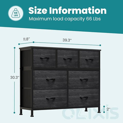OLIXIS 7 Drawers Dresser for Bedroom, Fabric Storage Tower for Living Room, Entryway - Sturdy Steel Frame, Wooden Top and Easy Pull Fabric Bins, Closet Chests Organizer for Clothes,Black Wood Grain