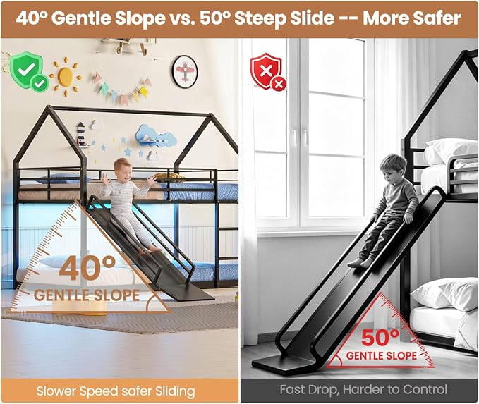 Twin Over Twin Bunk Bed with Slide 40° Gentle-Slope & LED Light, House-Shaped Low Bunk Bed Twin Size with 13.4" Extra-Tall Guardrail & Ladder, Heavy Duty, No Box Spring Needed, Easy Assembly, Black