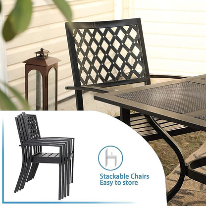 PHI VILLA 9 Piece Outdoor Dining Set for 8, 57.5" Metal Square Table with Umbrella Hole & Stackable Wrought Iron Chairs, All Weather Large Furniture Set for Patio, Deck, Backyard, Porch - Black