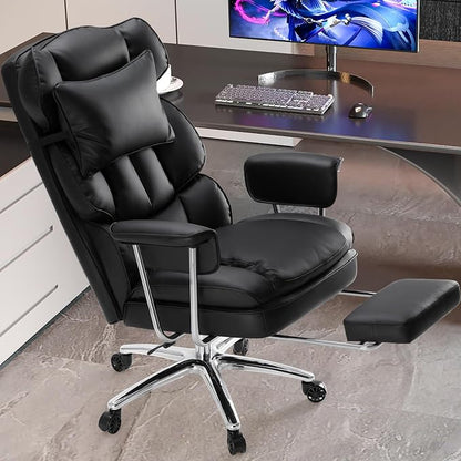 DUMOS Home Office Desk Executive Chair - Ergonomic Big Tall High Back with Footrest & Lumbar Support, Reclining Height Adjustable, Comfy PU Leather Computer Gaming with Swivel Wheels, Black